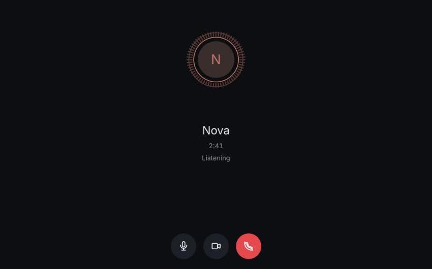 A live voice call with Nova: she listens while you talk and stops when you interrupt.